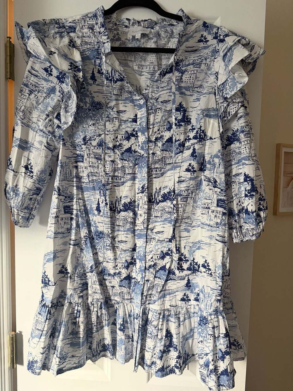 Sugarlips Francine Toile Sky Ruffle Drop Waist Dress